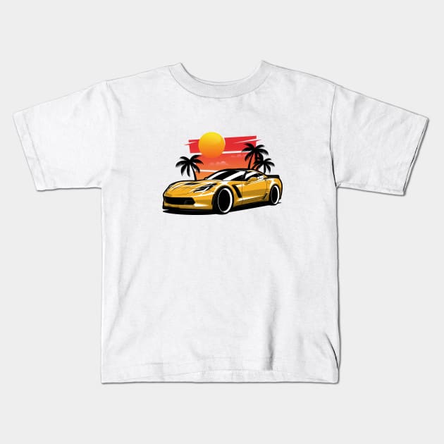 Yellow Corvette Z06 Sunset Palms Kids T-Shirt by KaroCars